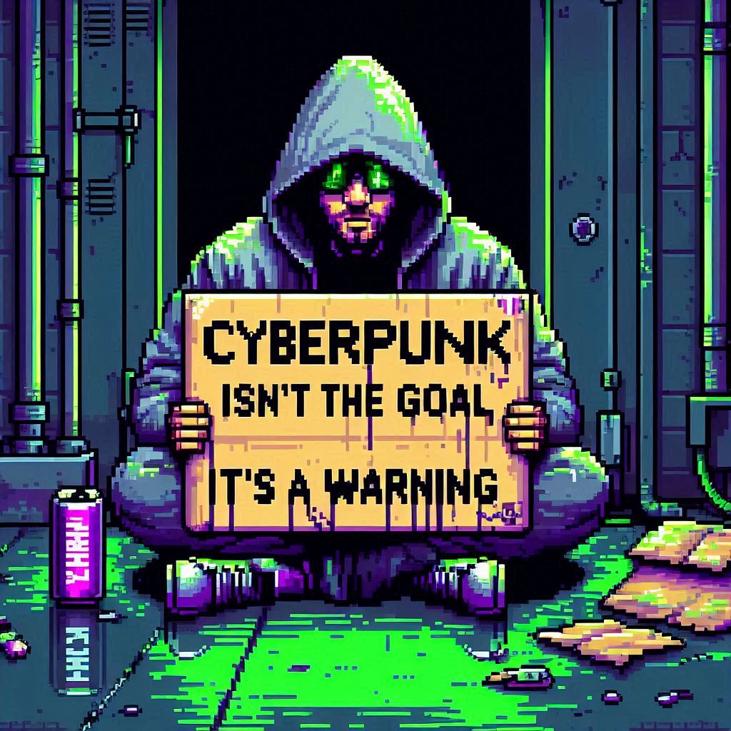 The meme is an image of the character Geralt of Rivia from the popular video game "The Witcher" sitting on the ground, surrounded by trash, holding a sign that reads "Cyberpunk isn't the goal, it's a warning." The image is a humorous commentary on the dark and gritty tone of the game's universe, implying that the game's focus on cyberpunk themes is a warning about the dangers of technology.